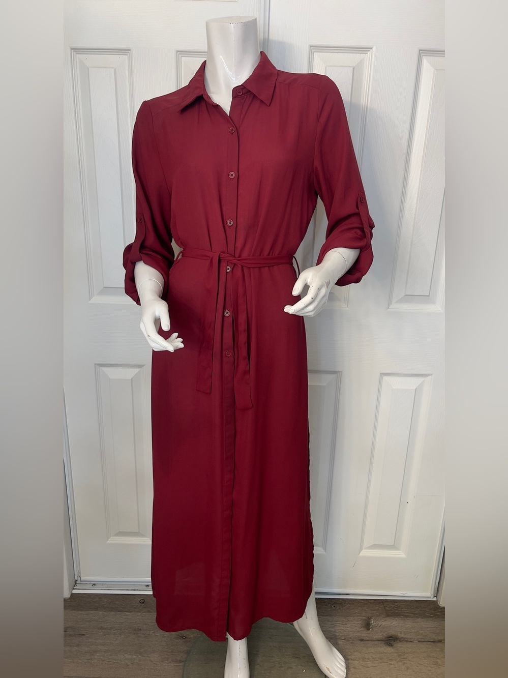 Windsor Maroon Button-Front Maxi Shirt Dress with Waist Tie